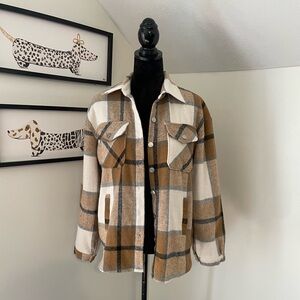 Plaid Button-Up Jacket in Tan and White